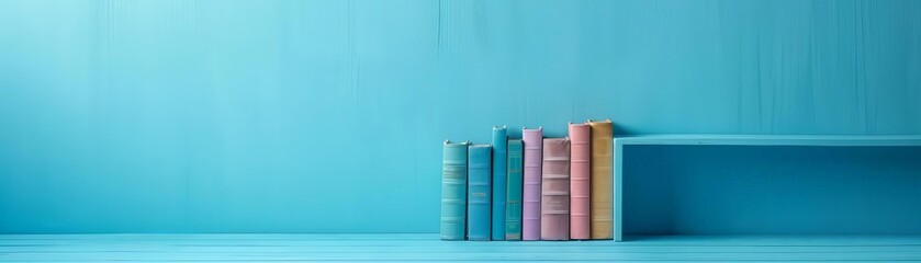 A serene composition of a small collection of books arranged neatly against a pastel blue background, embodying minimalist aesthetic