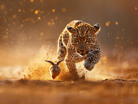 African wildlife illustration, leopard attacking rabbit. Unusual background.