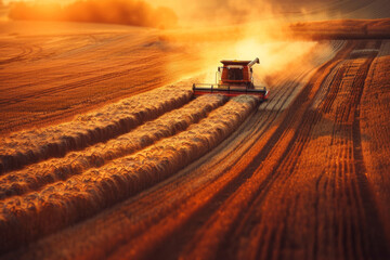 Harvester machine working on a vast wheat field during sunset, with golden sunlight casting long...
