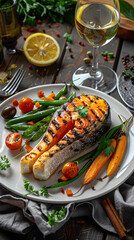 Exquisite Grilled Salmon Dish Served with Fresh Vegetables and White Wine