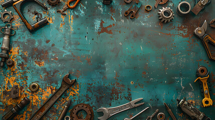 A collection of old, rusty tools spread out on a weathered turquoise surface, symbolizing craftsmanship and repair work.