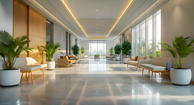 Contemporary medical office with a modern empty hospital corridor and waiting room. Concept Medical Office Design, Modern Hospital Corridor, Empty Waiting Room, Contemporary Healthcare Space
