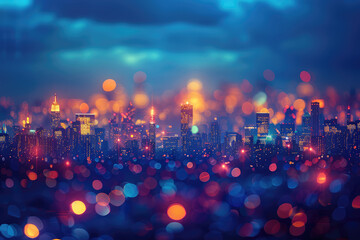 Beautiful blurred cityscape with night lights. The photo was taken from the top of buildings in the center, creating bokeh effects and a blue background. Created with Ai