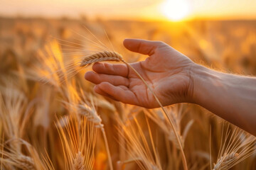 Close-up of a person's hand gently holding a single ear of wheat against a warm sunset backdrop in a vast golden wheat field, symbolizing agriculture and harvest time