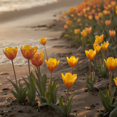 yellow and orange tulips are growing on the beach near the water