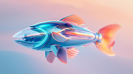 An artistic 3D rendering featuring a fish adorned with a robot, blending nature with technology in...