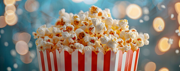 Close-up of popcorn overflowing from a classic red and white striped popcorn box, kernels scattered playfully, a tempting invitation to movie snacks