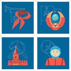 Soviet Union poster with USSR symbolics. Pioneer organization, coat of arms, Kremlin tower, space exploration. Vector illustration.