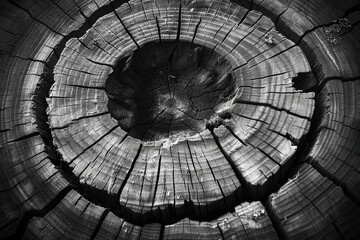 Black and white photo of tree stump, cut in crosssection, top view, high resolution, detailed texture of wood grain. Create with Ai