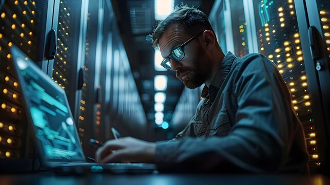 Cybersecurity Analyst Examining Advanced Threat Intelligence Visualizations in Futuristic Server Room Control Hub