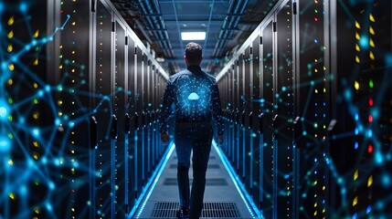 Futuristic Cybersecurity Analyst Investigates Advanced Threat Intelligence Visualization in Dark Web Data Mining