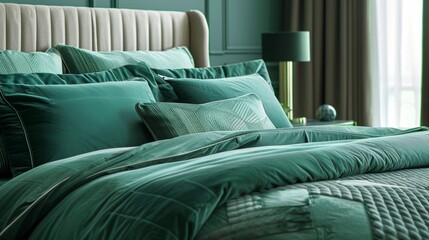 A duvet cover in a stunning shade of emerald green evoking feelings of opulence and refinement.