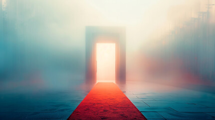 A stark red carpet entry, encased in a light fog, stands against a backdrop that blurs into obscurity