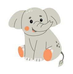 Cute elephant calf illustration image. Baby elephant sitting on ground. For card, banner, poster, invitation.