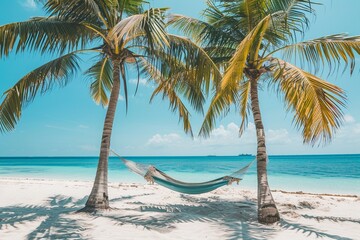 Hammock between two palms on a tropical beach, vacation, travel banner