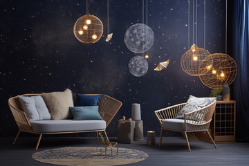 A celestial-themed living room featuring starry wallpaper, moon-shaped decor pieces, and twinkling lights to evoke a dreamy night sky indoors.