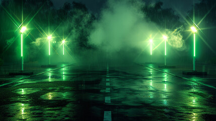 An abandoned parking lot at night, lit solely by green neon searchlights positioned at the corners