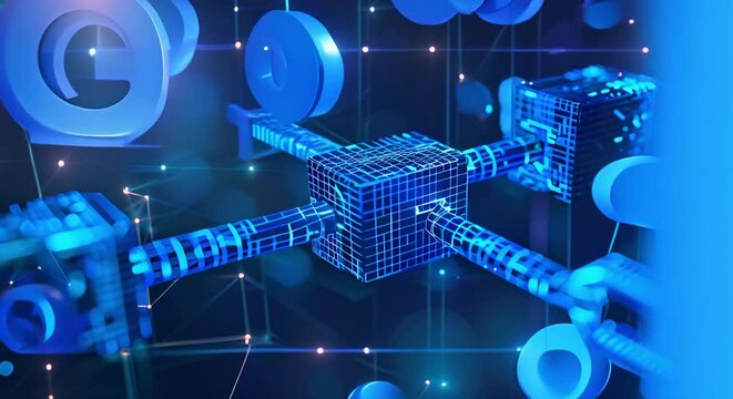 Secure network of interconnected blocks signifies the robustness of blockchain technology. Concept Blockchain Technology, Interconnected Blocks, Network Security, Robust System