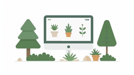   A computer screen displaying virtual potted plants, flanked by trees in a digital background