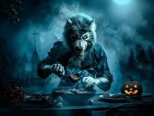 In a display of raw power and finesse, the werewolf flipped steaks on the grill with uncanny precision, adding a touch of the supernatural to the Halloween festivities, cinematic ,