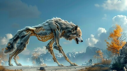 Through detailed illustration, werewolf anatomy art explores the elongation of limbs, emphasizing the creatures agility and strength, 3DCG ,