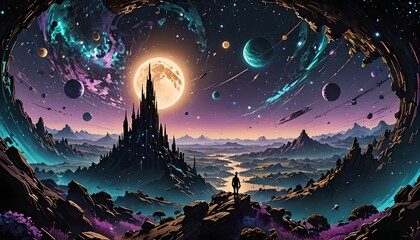 Fantasy landscape with ancient temple and alien planet. 3d illustration
