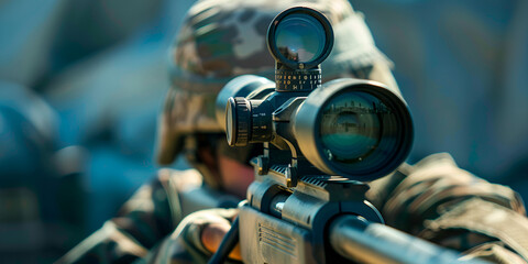 a  army man with scope gun with blue background. - obrazy, fototapety, plakaty