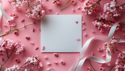 Empty wedding invitation card with white ribbon and flowers on pastel pink background. Top view