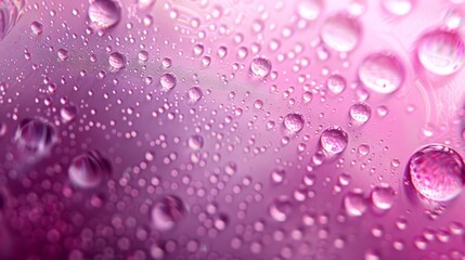   A tight shot of water droplets on a purple substrate against a pastel pink background, framed by a blue sky