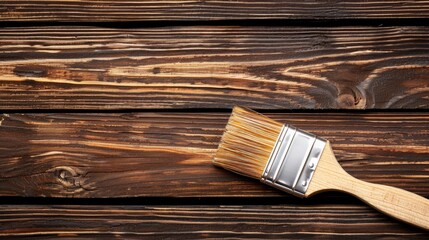   A paintbrush atop a wooden table Nearby, a separate piece of wood supports another brush