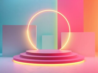 Futuristic tech podium in vibrant coral, salmon, banana yellow, and mint green with abstract design and glowing effects on modern display space.