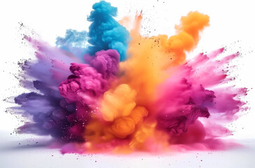 Fototapeta premium A dynamic burst of colorful powders in hues of blue, orange, pink, and purple creates a stunning visual effect, resembling a fiery explosion frozen in time. 