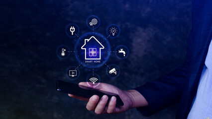 Smart home technology, User touches virtual screen on smartphone manage smart home features...