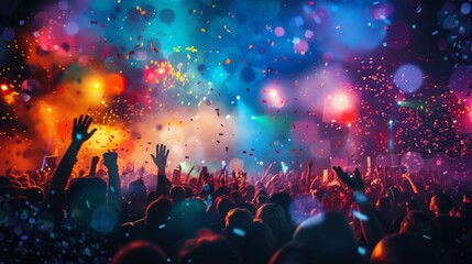 A lively crowd of people at a concert, energetically raising their hands in the air, enjoying the music and atmosphere.