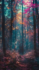 Obraz premium Funeral home in eerie exoplanet forest. Calming blue sky, fuchsia and yellow roses scattered. Raw 916 aspect ratio.