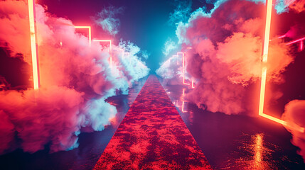 From a crooked angle, an impeccably clean red carpet cuts through the center of the frame, with smoke and neon lights creating a magical border on each side