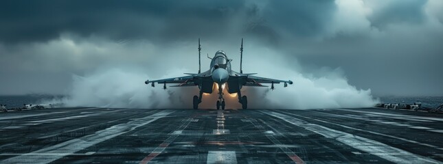 panoramic view wide poster of a generic military aircraft carrier ship with fighter jets take off