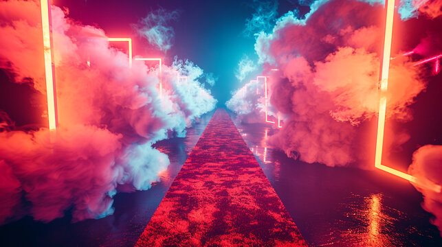 From a crooked angle, an impeccably clean red carpet cuts through the center of the frame, with smoke and neon lights creating a magical border on each side