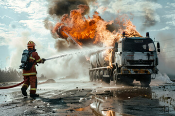 Obraz premium Fire fighters at work, Firefighters in action to fighting with the fire flame from oil tanker truck.