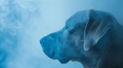 Tranquil fog over pastel blue backdrop, Udon restaurant setting, with pet adoption theme and forgiveness atmosphere.