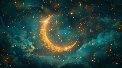   A crescent moon in the night sky, surrounded by stars
