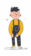   A man in overalls and a yellow shirt stands with hands in pockets, smiling