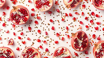   A pristine white background showcases several pomegranates, each bursting with ruby-red seeds Gold confetti scatters the area surrounding them