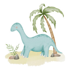 Dinosaur Diplodocus Watercolor illustration. Cute little Dino with palm and sand for Baby shower greeting cards or birthday invitations. Drawing of smiling cartoon character in pastel colors.