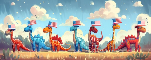 A group of dinosaurs wearing Uncle Sam hats are marching in a parade. The dinosaurs are all different colors and sizes. They are marching in front of a blue sky with white clouds. - obrazy, fototapety, plakaty