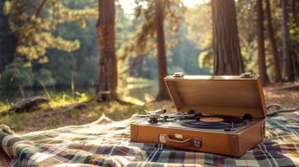 A record player set up on a picnic blanket creating a serene outdoor listening experience.