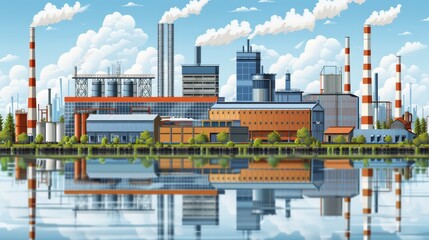   A factory painting beside a body of water Trees in front, clouds behind