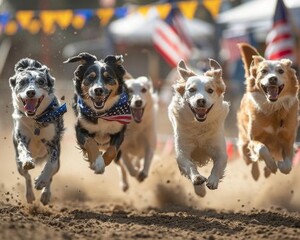 A pack of dogs are racing around a track.