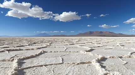   A expansive, flat landscape with mountains in the horizon and a blue sky adorned with white...