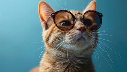A cat wearing sunglasses in a closeup shot with a solid color background, soft lighting. Created with Ai
